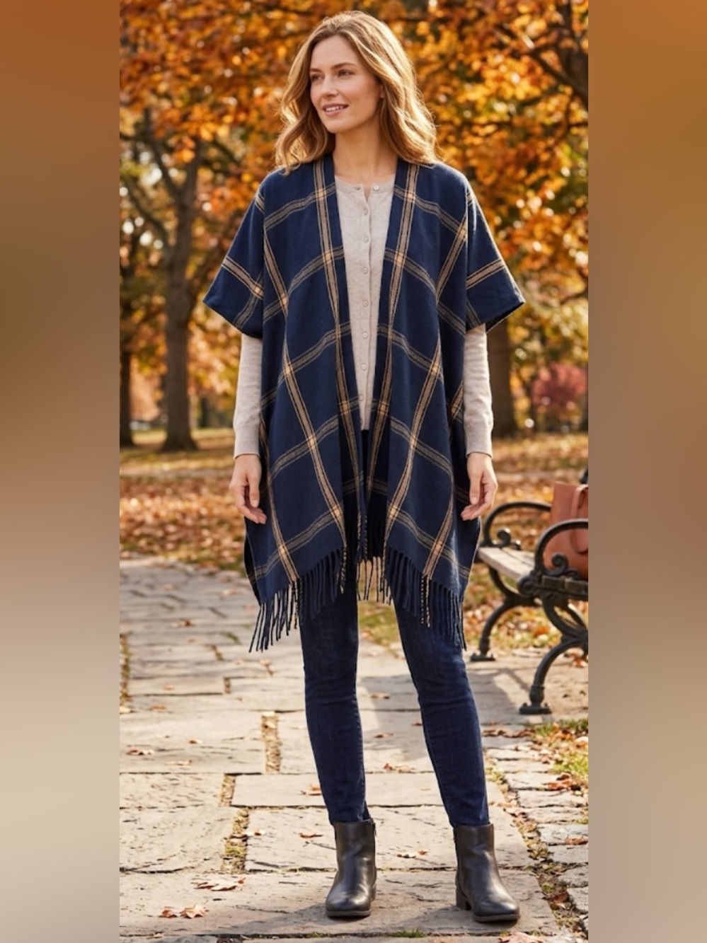 NWT LOFT Deep Navy Windowpane Fringe Shawl Wrap Cape One Size
